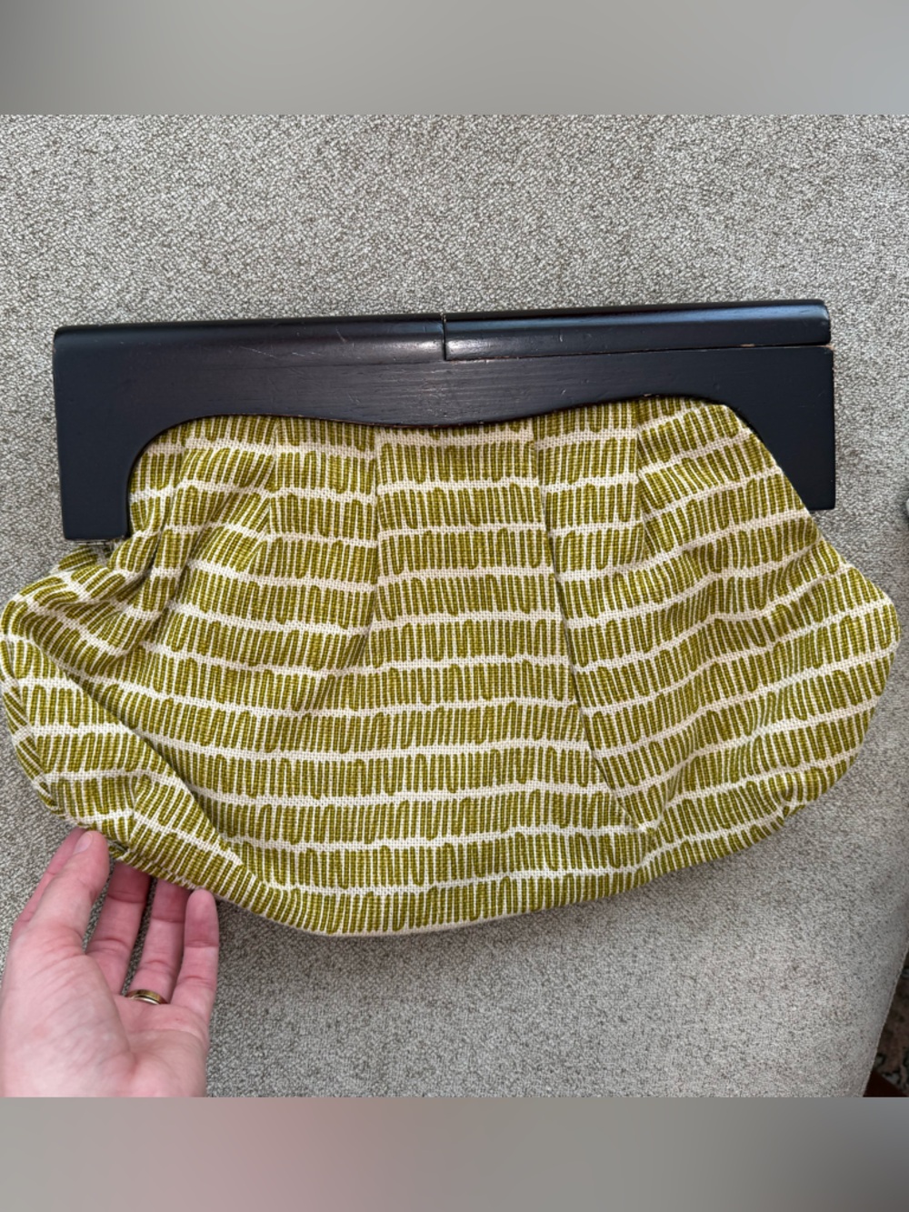 Old Navy Olive Green Patterned Clutch with Dark Wood Frame